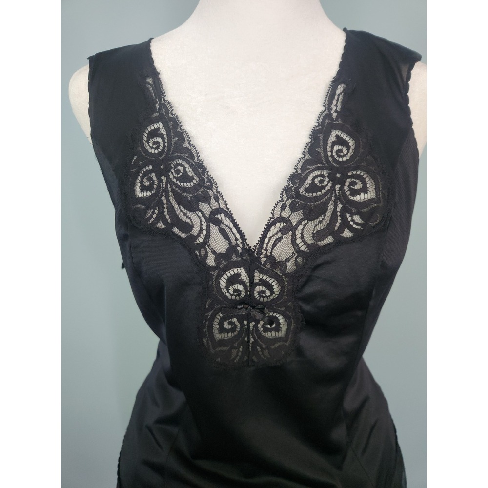 Rare Vintage 80s Bali Black Satin Lace Padded Shoulder Camisole Top - Size 36